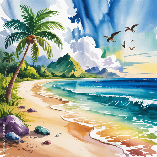 A beautiful tropical beach scene featuring palm trees, soft waves, and colorful clouds reflecting the serene atmosphere of a peaceful coastal paradise for relaxation.