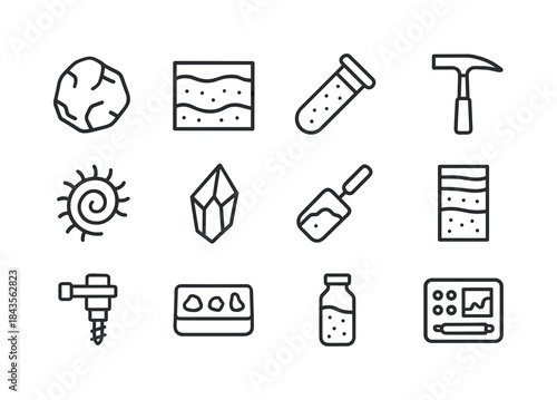 Martian Geology Icons. Martian geology study. Line icon set of M