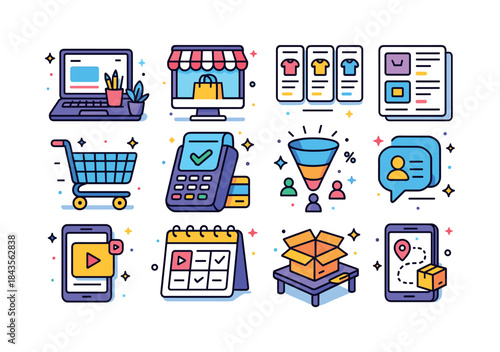 Colorful Online Entrepreneurship Icons. Online entrepreneurship.