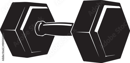 Black silhouette of a classic fitness dumbbell with hexagonal weights for gym workouts, exercise, and strength development