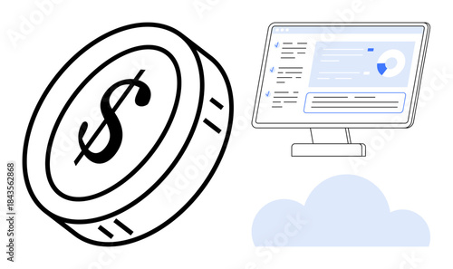 Digital finance, cloud computing, online banking, data analytics, fintech, technology solutions. A dollar coin, a computer screen with charts and a cloud. Digital finance and cloud computing concept