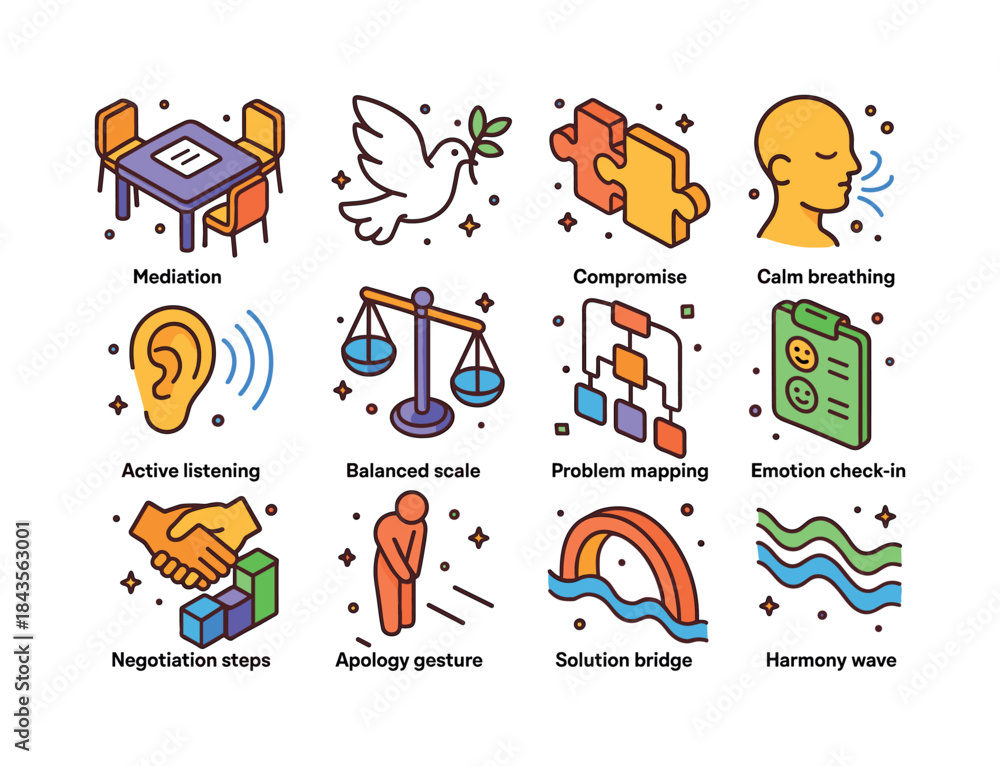 Fototapeta premium Conflict Resolution Icons. Conflict resolution skills. Colorful
