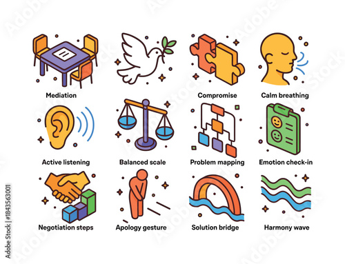 Conflict Resolution Icons. Conflict resolution skills. Colorful