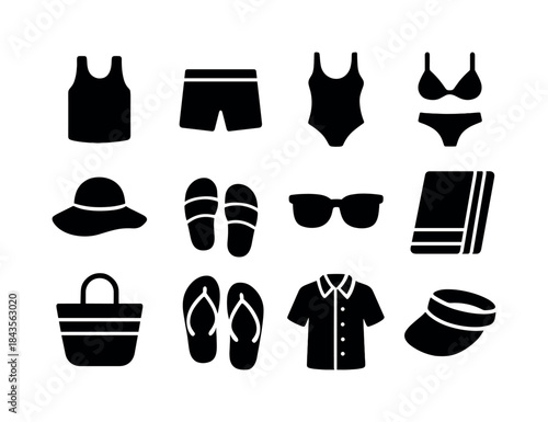 Summer Clothing Icons. Summer clothing. Solid icon set of Summer