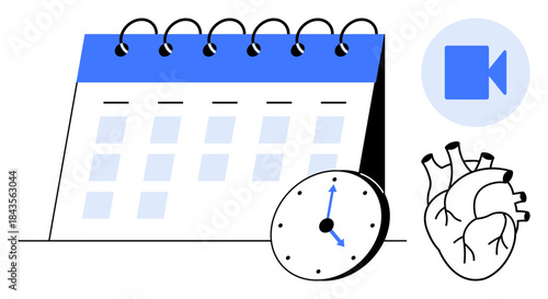 Healthcare, telemedicine, scheduling, appointments, virtual consultations, time management. Image shows a calendar, clock heart and video call icon. Healthcare and telemedicine concept