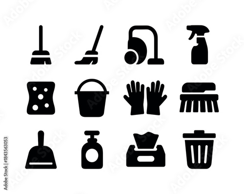 Black Cleaning Icons. Cleaning. Solid icon set of cleaning: broo