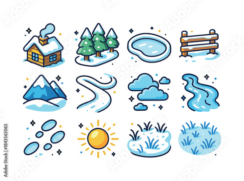 Winter Isometric Icons. Winter landscape. Colorful isometric vec