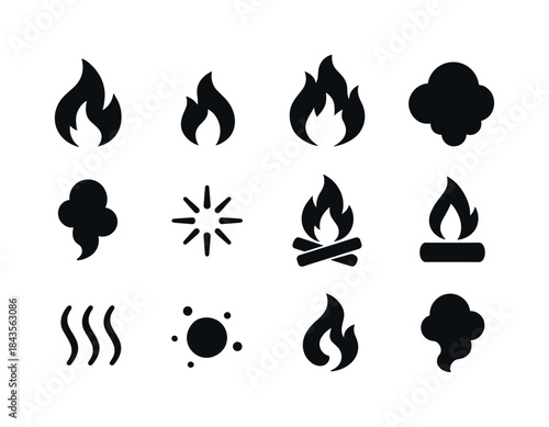 Flame and Smoke Icons. Flames and smoke. Solid icon set of flame