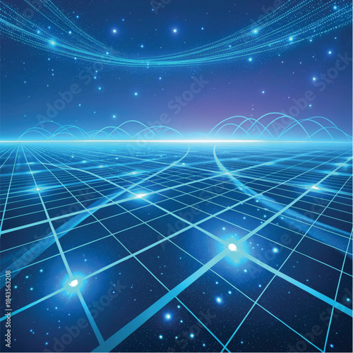 Abstract Futuristic Grid Background With Blue Neon Lines and Particles Adobe Illustrator Artwork