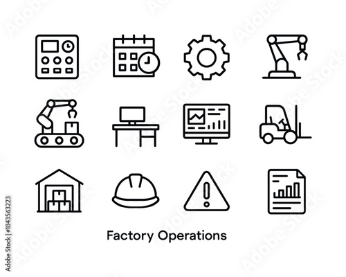 Factory Icon Set. Factory Operations. Line icon set of Factory O