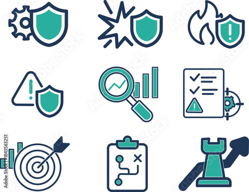 Risk Management Dual Tone Icon Collection. Containing Threat, Hazard, Control, Mitigation, Analysis, Strategy and Protection Icons. Editable Stroke Outline Icons.