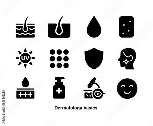 Dermatology Icon Set. Dermatology basics. Solid icon set of derm