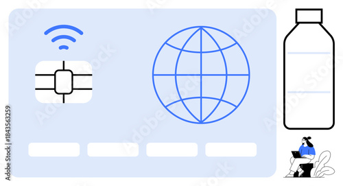 Contactless payment. Wireless chip and global symbol reflect seamless payments via modern technology. Contactless payment also promotes eco-friendly practices. Perfect for fintech, ecommerce
