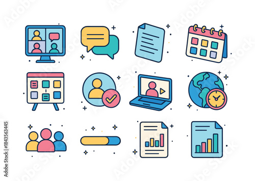 Remote Team Icons. Remote team management. Colorful isometric ve