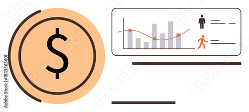 Dollar sign next to analytics chart with bar graph and trend line. Ideal for finance, investment, business plan, economy, statistics, profit tracking, data analysis. Simple flat metaphor