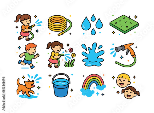 Garden Playtime Icons. Playing with a Garden Hose. Colorful isom