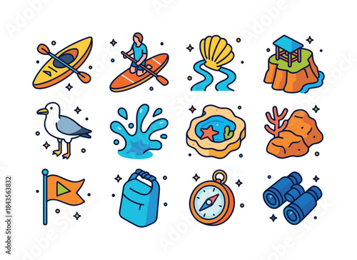 Coastal Adventure Icons. coastal adventures. Colorful isometric