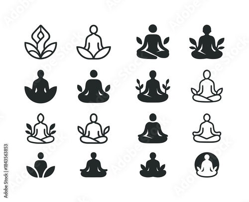 Meditation Icon Set. People meditating or practicing yoga. Icon
