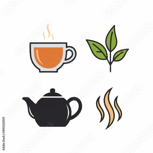 Hot Tea Set with Teapot Cup Leaves and Steam.