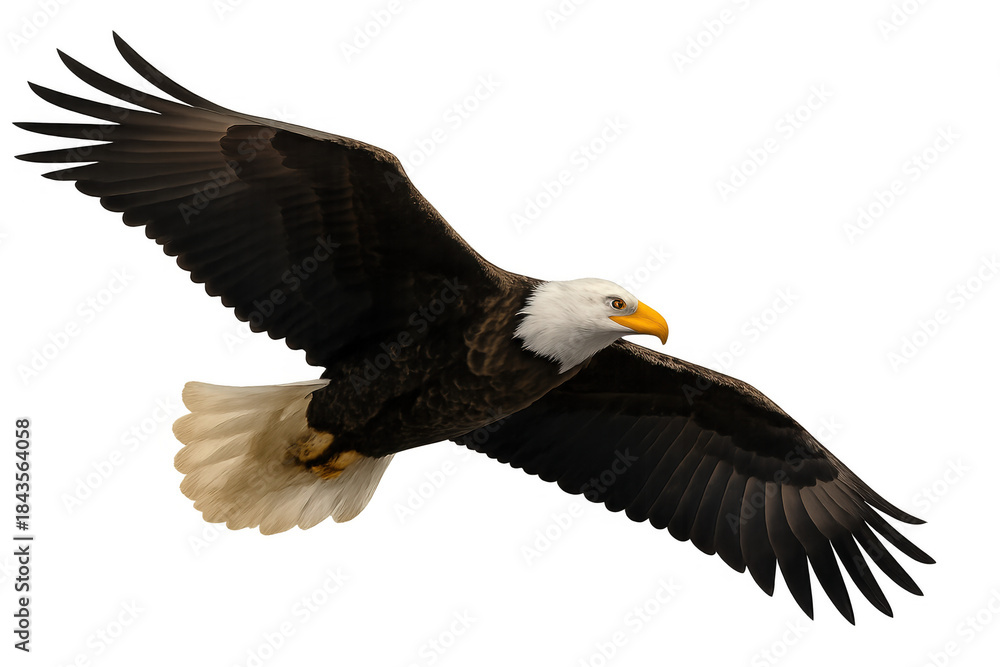Fototapeta premium Bald eagle in flight symbolizing freedom and power, wings spread out, gliding through the air on transparent background