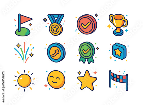 Colorful Accomplishment Icons. Accomplishment. Colorful isometri
