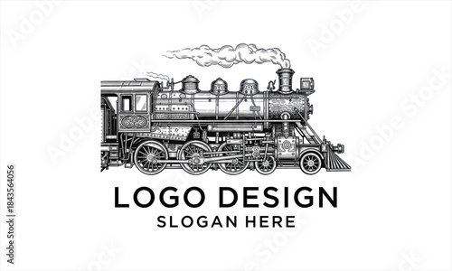 Vintage Steam Locomotive Logo Design Illustration.