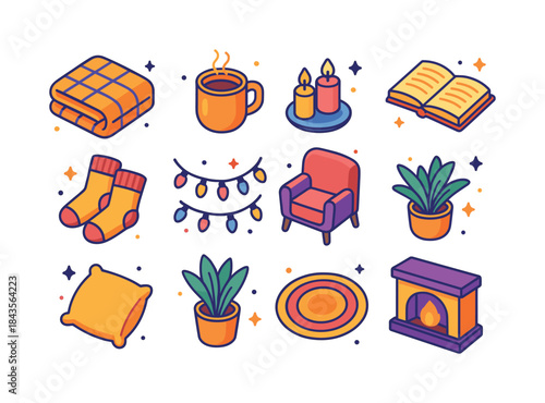 Cozy Evening Icons. Peaceful evening. Colorful isometric vector