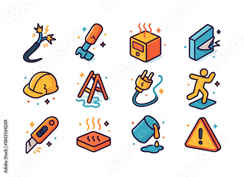 Colorful Safety Hazard Icons. dangerous equipment. Colorful isom