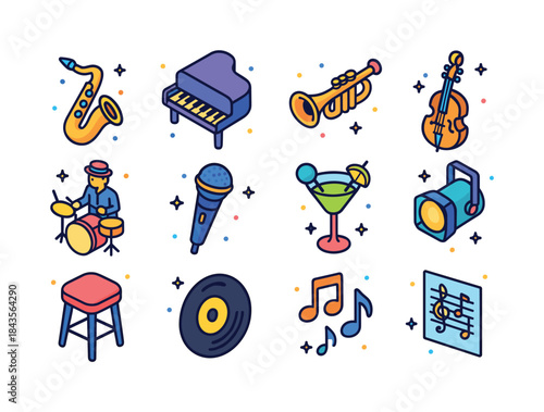 Colorful Jazz Icons. Jazz ensemble. Colorful isometric vector ic