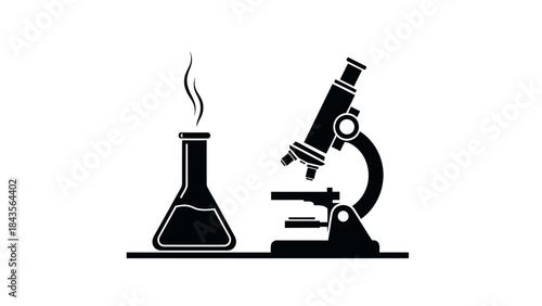 scientific laboratory equipment with a flask and a microscope icon representing scientific
