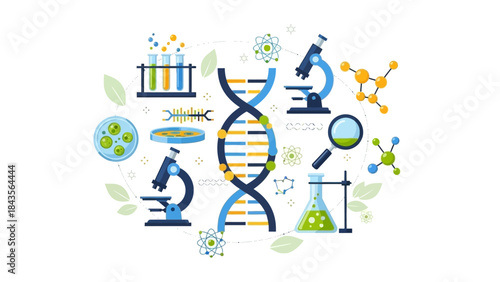 scientific research and laboratory equipment featuring dna helix and microscopes with laboratory
