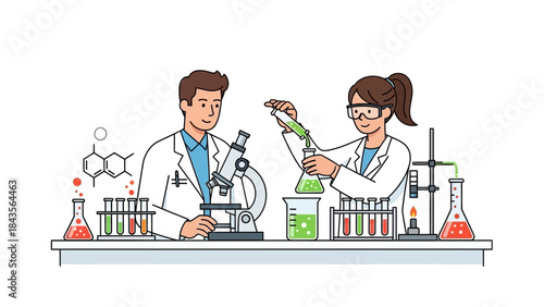 illustration of two scientists working in a modern laboratory conducting experiments with chemical