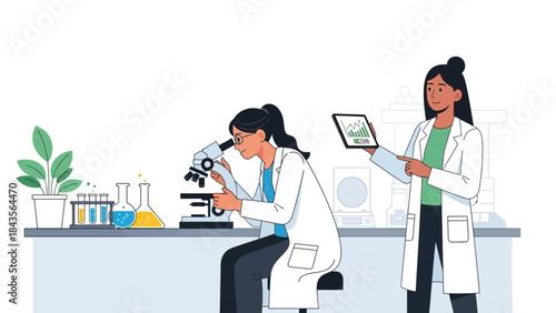 scientists conducting research in a laboratory with microscopes and digital tools for scientific