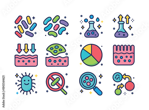 Colorful Gut Flora Icons. human gut flora. Colorful isometric ve