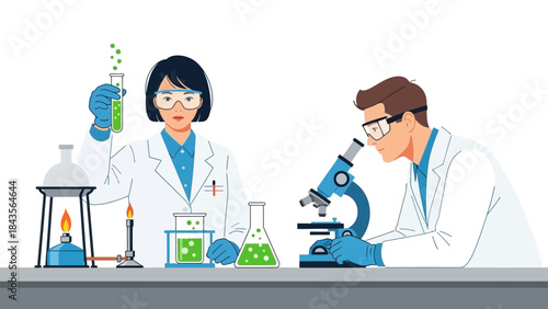 Scientists Conducting Laboratory Experiments with Test Tubes and Microscope Technology in a Modern
