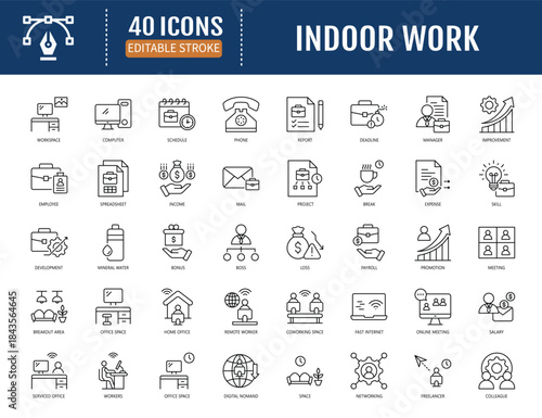 Indoor work icon set. Includes office, desk,
computer, chair, meeting, presentation, email,
printer, file, report, spreadsheet, document,
deadline, schedule, task, collaboration,
workplace