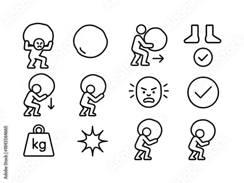 Strength Icon Set. Person lifting a giant boulder. Line icon set
