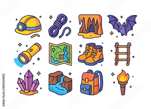 Cave Exploration Icons. Cave Exploration. Colorful isometric vec