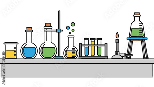 Illustration of a laboratory setup with various glassware and scientific equipment for chemical