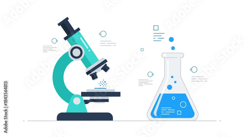 Modern laboratory science illustration featuring a microscope and a beaker filled with blue liquid