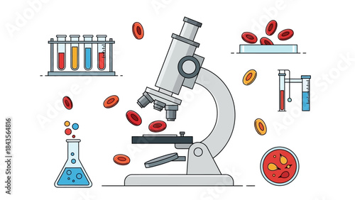 scientific laboratory equipment with microscopes test tubes and blood cells scientific research