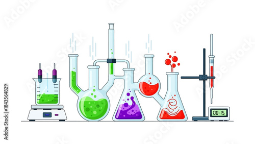 Illustration of Various Laboratory Equipment with Colored Liquids and Bunsen Burner Setup for