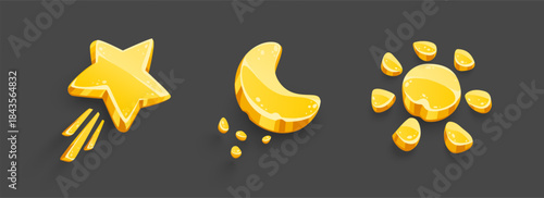 Set of yellow icons. Twincle star flying in the night sky, moon with crumbs and shining sun, Cartoon style night sky weather forecast symbol graphic elements. Vector 3D Illustration Isolated.