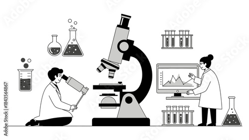 Laboratory Experiment Scene with Researchers Using Microscope and Computer