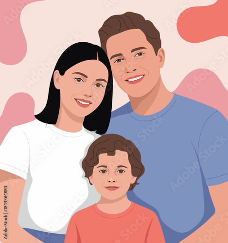 A cheerful family portrait showcasing a smiling couple with their young child, emphasizing the joy and love shared within family bonds in a modern, artistic style.