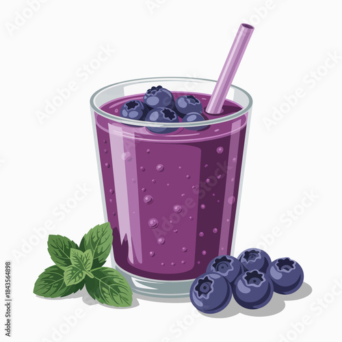 A refreshing blueberry smoothie with vibrant purple color, garnished with fresh blueberries and mint leaves, showcasing a nutritious and delicious beverage perfect for health enthusiasts.