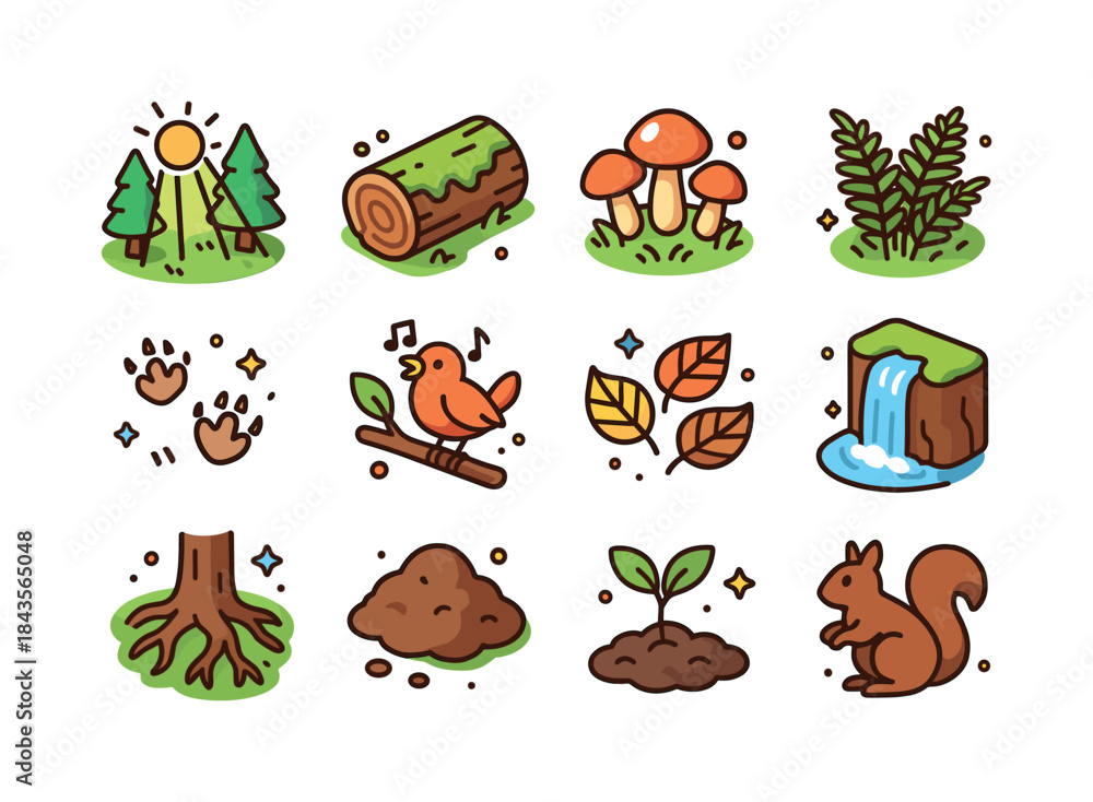 Fototapeta premium Colorful Forest Icons. Forest clearing. Colorful isometric vecto