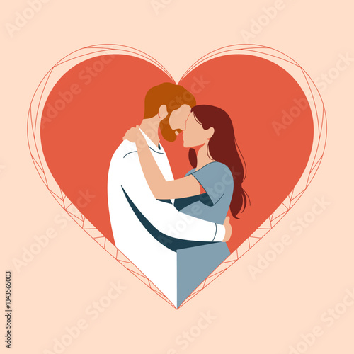 A romantic illustration of a couple gently embracing in front of a large heart, expressing love and connection through their closeness and warm facial expressions.