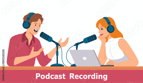 This image depicts two enthusiastic podcasters sharing ideas and laughter while recording their show, emphasizing the engaging nature of modern communication and storytelling.