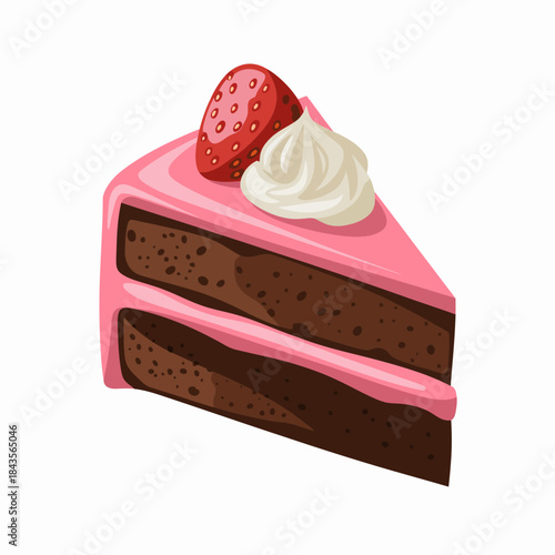 A tempting slice of chocolate cake, layered and topped with whipped cream and a fresh strawberry, is presented in a visually appealing manner, inviting dessert lovers to indulge.